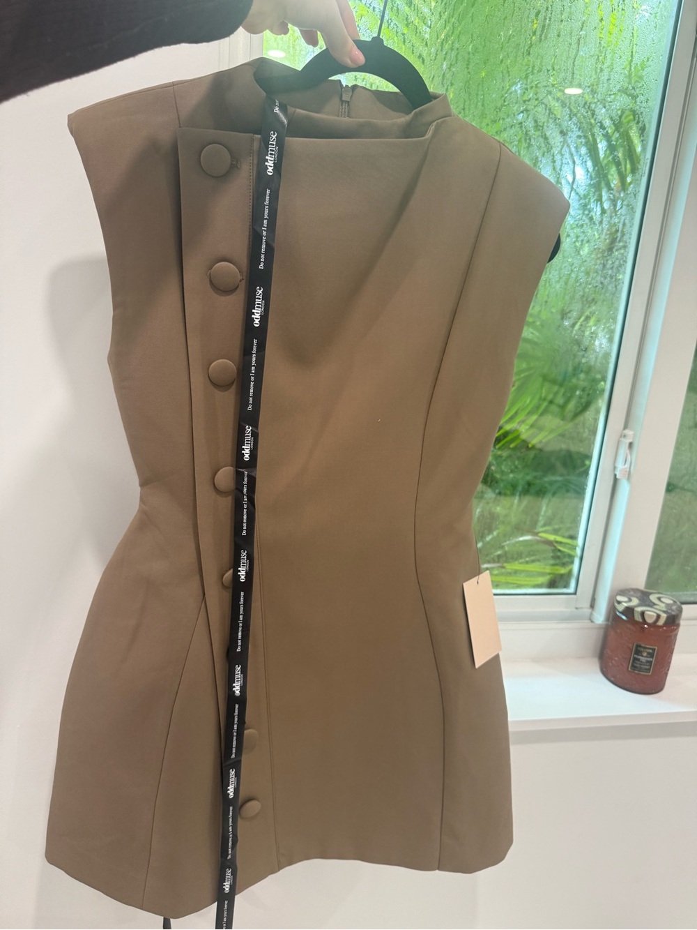 Odd Muse Sleeveless Olive Green Structured Dress with Button Front